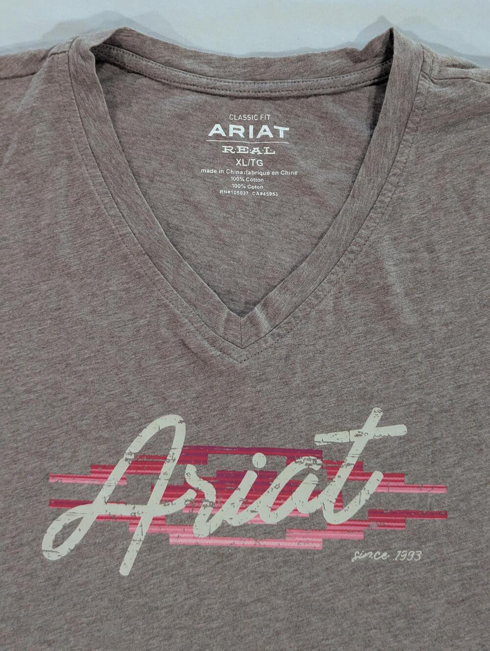 Ariat REAL Shirt Womens XL Brown V-Neck Short Sleeve Logo Graphic Tee Western